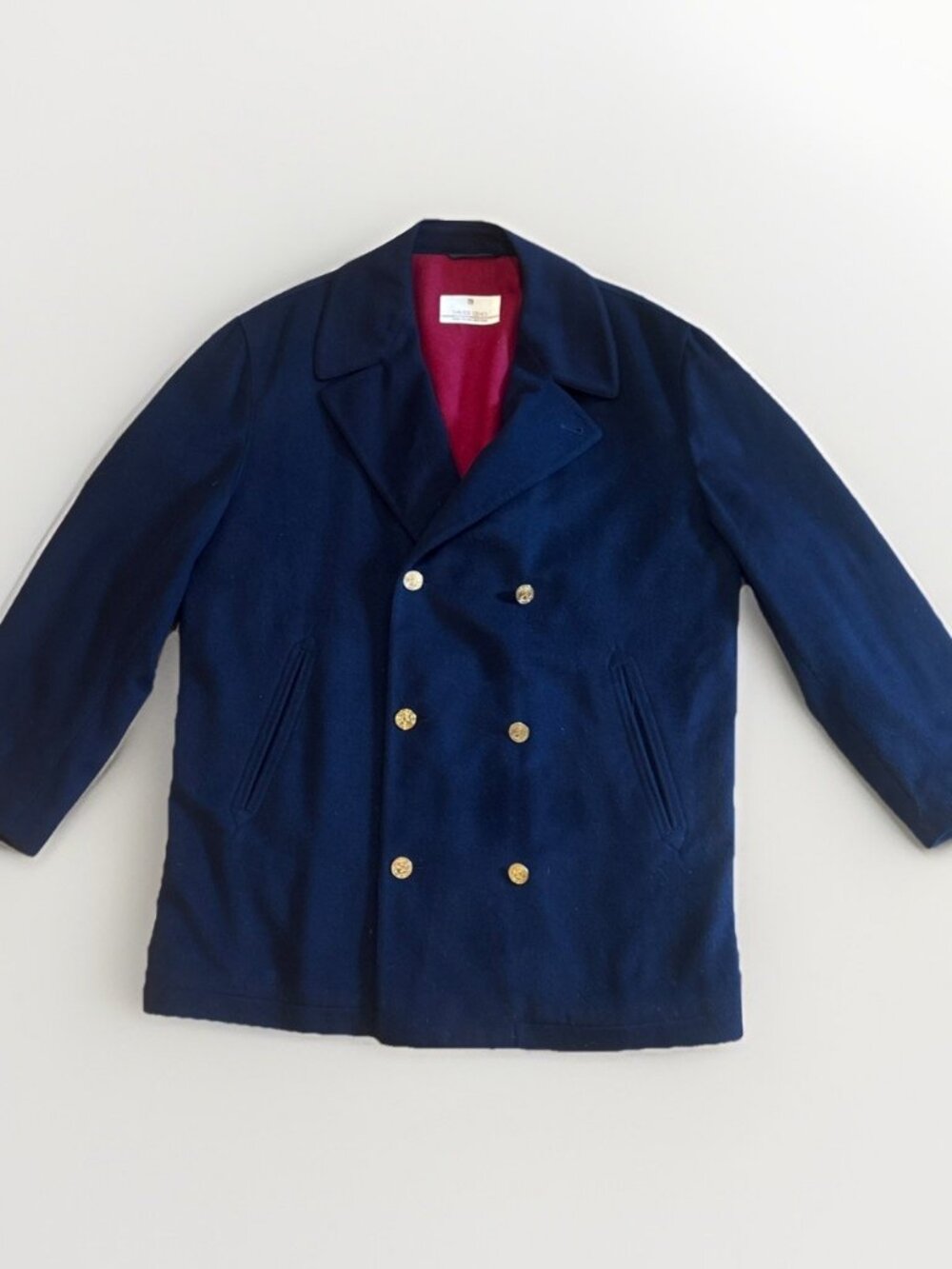 Davide Cenci Italy Navy Wool Peacoat Jacket Gold Crest Buttons Double Breasted